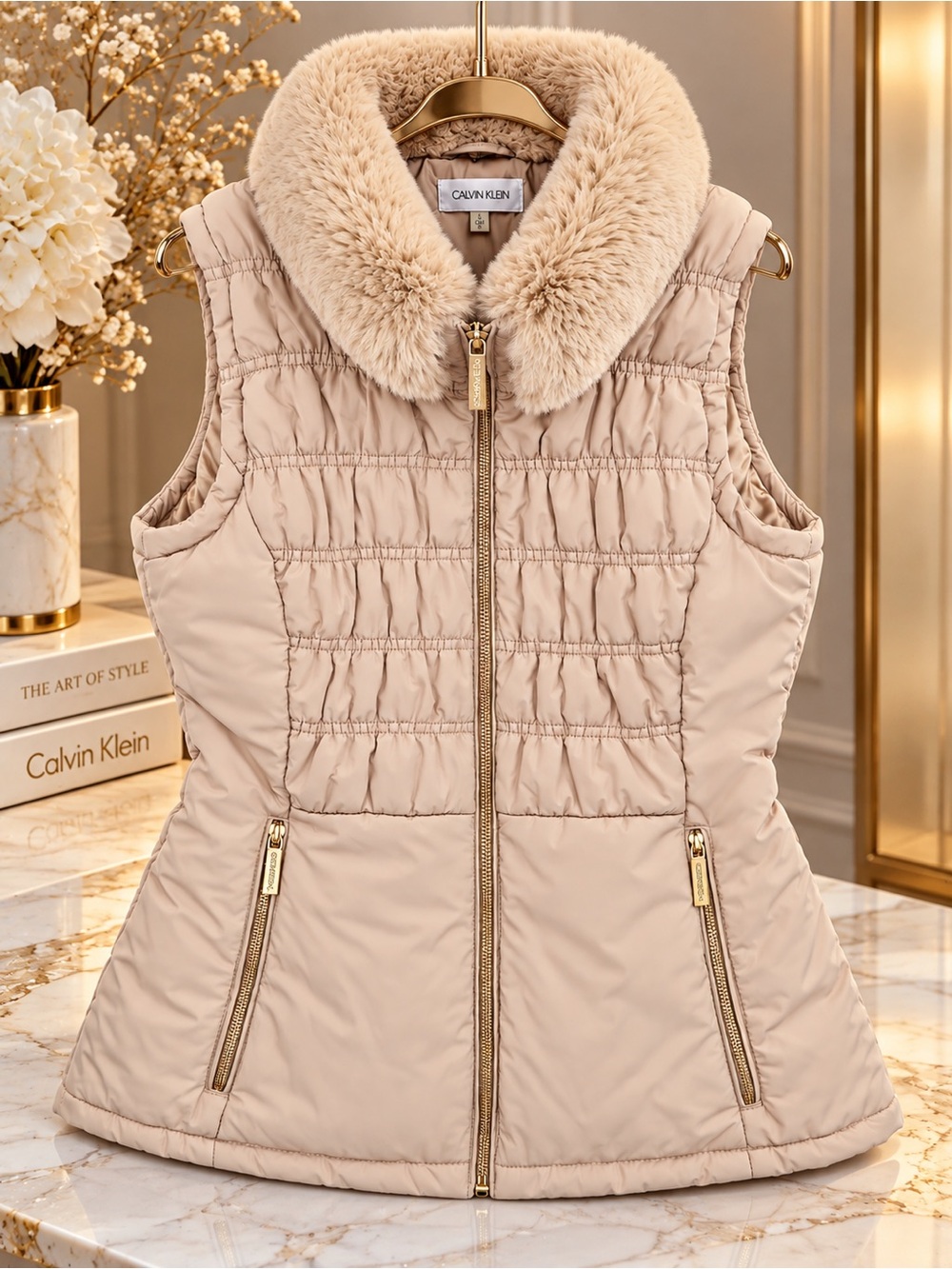 Calvin Klein Beige Quilted Vest with Plush Faux-Fur Collar